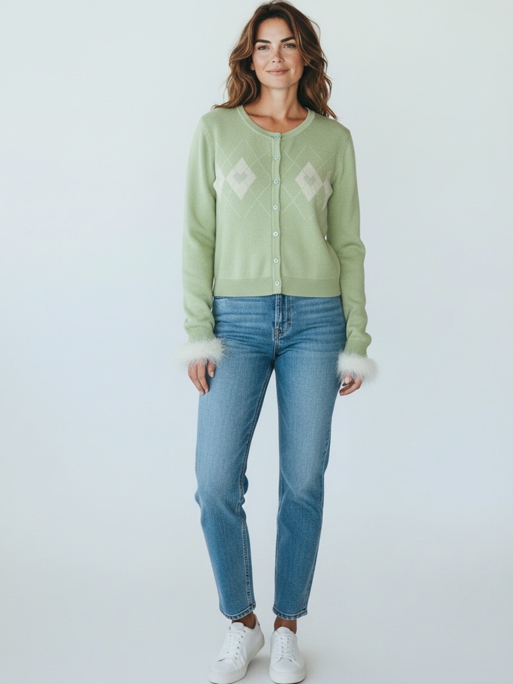 Sugar Thrillz Mint Green Argyle Cardigan with Faux Fur Cuffs
